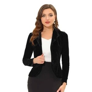 NWT Allegra K Black Velvet Notched Lapel Button‎ Office Blazer – Small